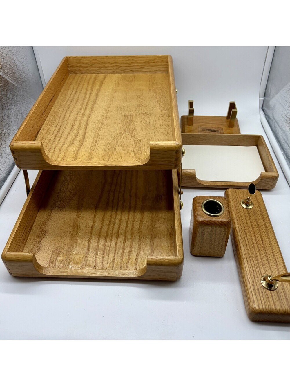 Vintage MCM Wood Brass Wooden Desk Set 5 Pc 2 Tier Paper Organizer Dovetails